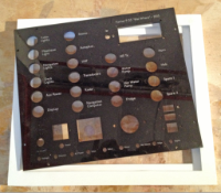 Lasercut acrylic board and foamboard surrounds. The circuit labels changed in the second iteration