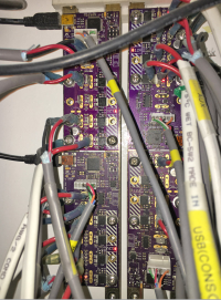 Four distribution boards mounted on busbars. Wiring will be tidied up before splash!